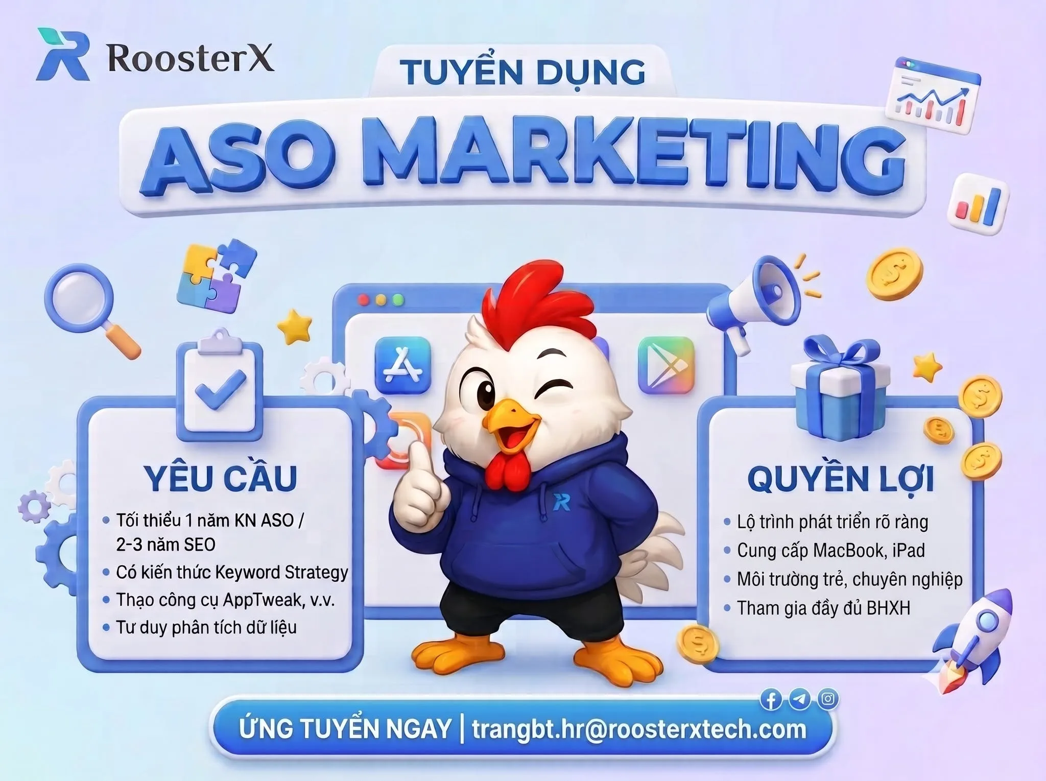 Ấn phẩm tuyển dụng ASO Marketing của RoosterX: yêu cầu, quyền lợi và email ứng tuyển